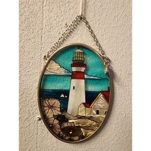 Vintage AMIA Stained Glass Suncatcher Handmade, Tropical Lighthouse Rare